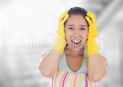 Stressed cleaning lady against bright background