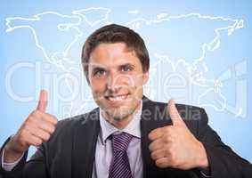 Business man with two thumbs up against white map and blue background