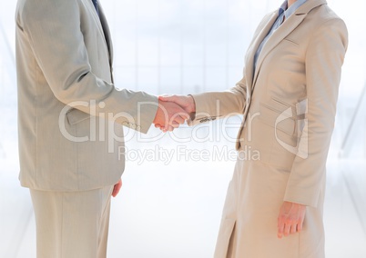 Business people mid sections shaking hands against blurry window