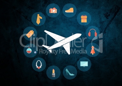 Plane icon against blue grunge background with travel shopping icons