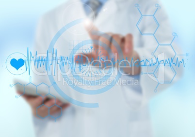 Man in lab coat pointing at blue medical interface against light blue background