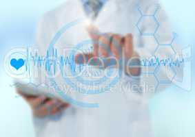 Man in lab coat pointing at blue medical interface against light blue background