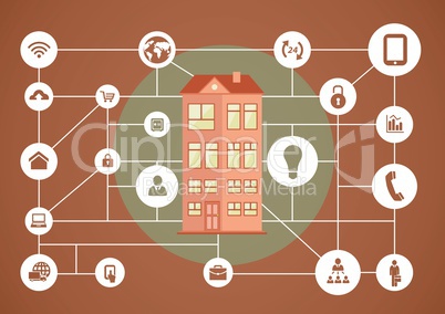 House illustration in circle against brown background with various icons connected
