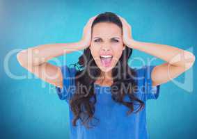 Stressed woman against blue background