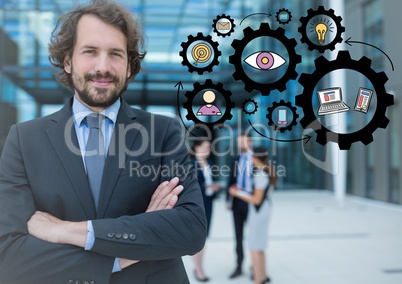 Business man with arms folded and black gear graphics