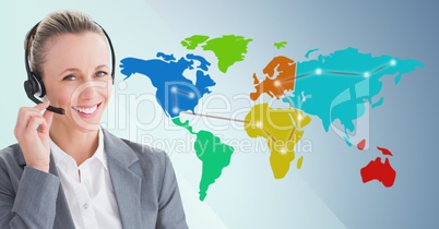Travel agent with headset against map with lights and blue background