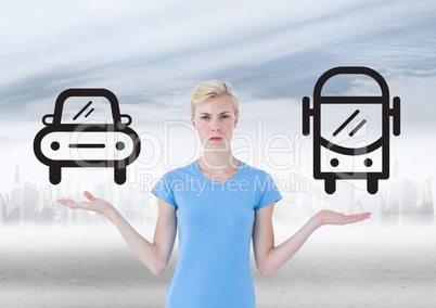 Woman choosing or deciding with open palm hands car or bus icon or public transport