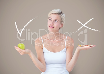 Woman choosing or deciding eating food with open palm hands and right or wrong tick and x