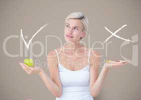 Woman choosing or deciding eating food with open palm hands and right or wrong tick and x