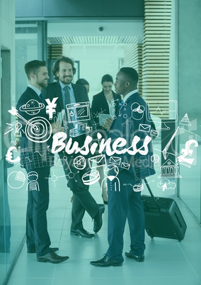 Business men with suitcase behind white business doodles and green overlay