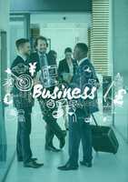 Business men with suitcase behind white business doodles and green overlay
