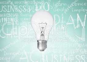 Light bulb against turqouise background with business chalk words written