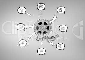 3D Film Reel against grey background with various graphic drawings icons in speech bubbles