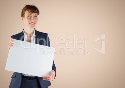 Business woman with blank card against cream background