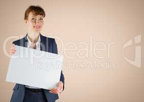 Business woman with blank card against cream background
