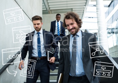 Three business men walking down stairs with white business doodles