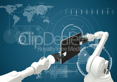 White robot claws and device against white interface and blue background