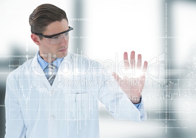 Man in lab coat and goggles with white graph and flare against blurry room