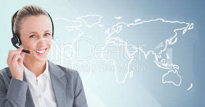 Travel agent with headset against white map and blue background