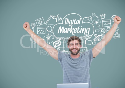 Man with marketing drawings graphics