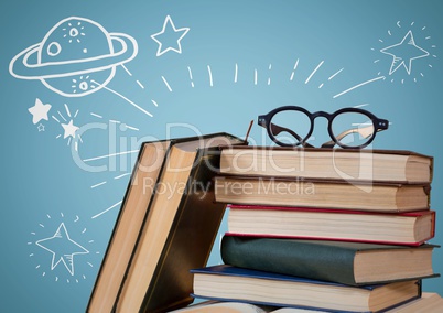 Pile of books and glasses with white space doodles against blue background