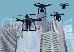 Minimal 3D drones against skyscrapers city buildings