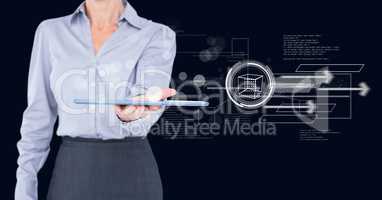 Midsection of business woman with tablet against futuristic background