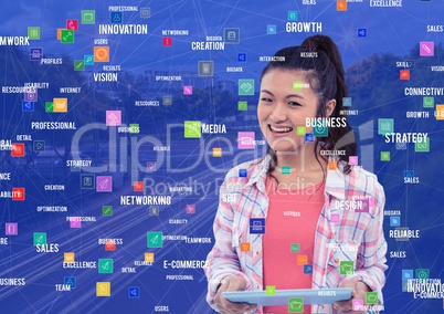 Young woman with tablet against Night city with connectors