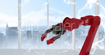 Red robot claw against white interface and window with skyline