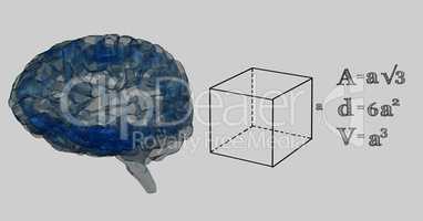 Blue brain and black math graphics against grey background