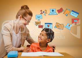 Teacher with child and education graphic drawings