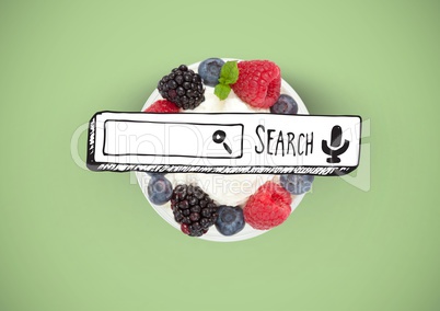 Search bar drawing on pudding of berries fruit with cream on plate against green background