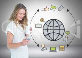 Woman with phone and tea with online business shop graphic drawings