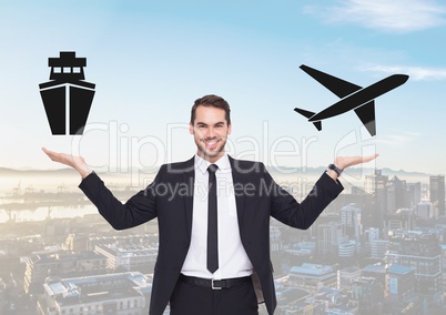 Man choosing or deciding ship or plane with open palm hands