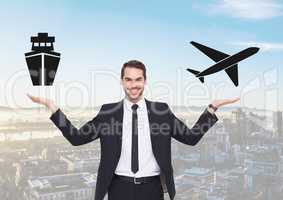 Man choosing or deciding ship or plane with open palm hands