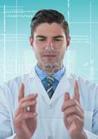 Man in lab coat holding up glass device against white interface and blue background