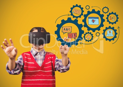 Child with Virtual reality headset touching education icons gears learning graphics drawings