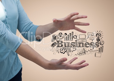 Hands with black business doodles against cream background