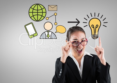 Businesswoman with idea bulb and business graphics drawings