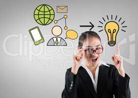 Businesswoman with idea bulb and business graphics drawings