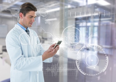 Man in lab coat with phone and flare against white interface and blurry lab