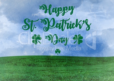 Patrick's Day graphic against sky and grass