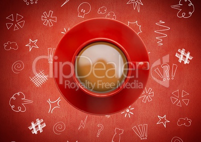 3D Coffee cup against red background with  graphic drawings