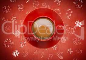 3D Coffee cup against red background with  graphic drawings