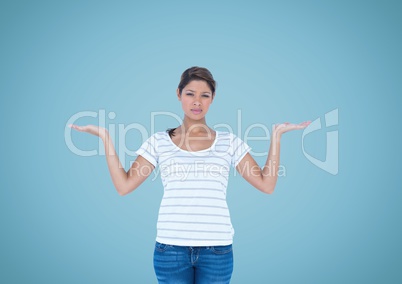 Woman deciding or choosing with open palms hands