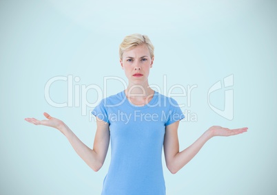Woman choosing or deciding with open palm hands