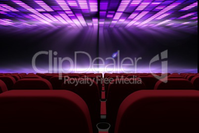 3d composition of cinema seats facing to screen with abstract background