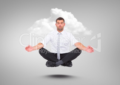 Businessman Meditating floating with cloud against grey background