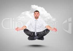 Businessman Meditating floating with cloud against grey background