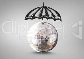 Disco ball with umbrella drawings against grey background